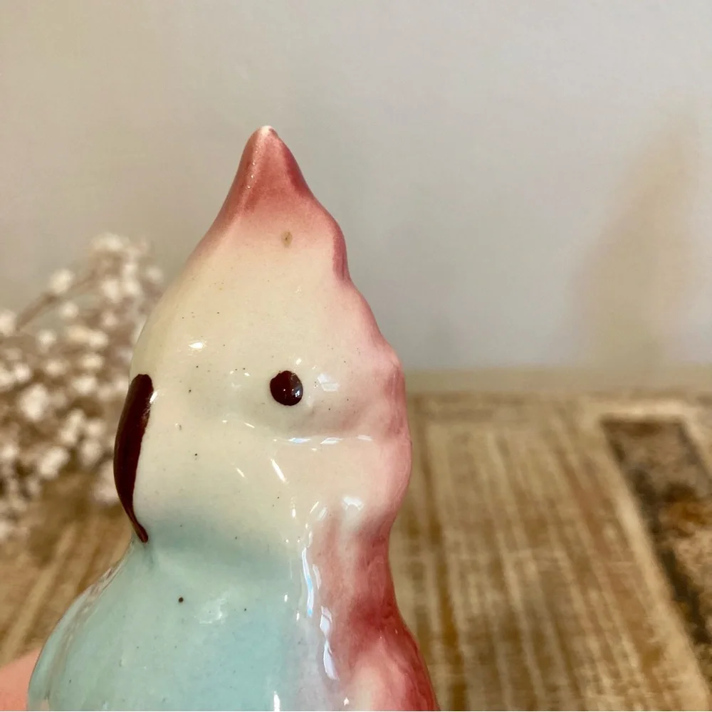 Pair Vintage Parakeet Ceramic Figurines 6” Tall Pinks and Blue